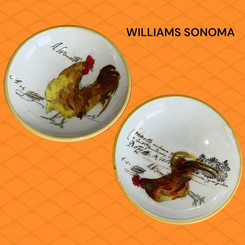 Williams Sonoma Rooster Scripts 2 Bowls White Salad Pasta